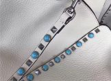 Valentino Rockstud Rolling White Medium Tote with Turquoise Stones